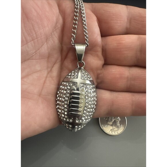 Football Pendant Chain Stainless Steel Super Bowl Gift Men’s Cubic Zirconia Iced - Picture 4 of 7